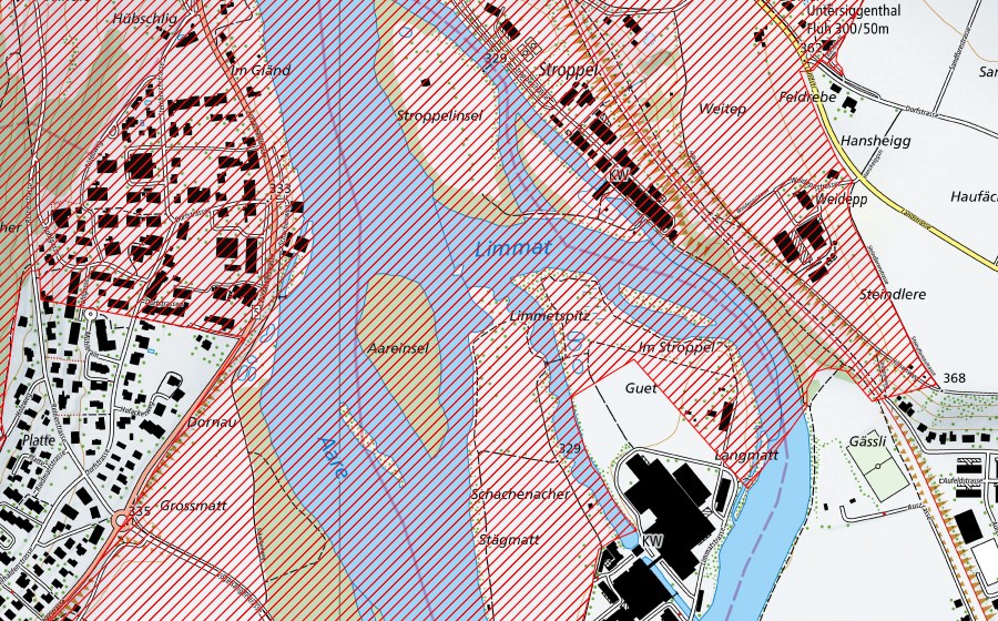 Carte nationale swisstopo avec le périmètre protégé de Wasserschloss beim Zusammenfluss von Aare, Reuss und Limmat (Paysage IFP)