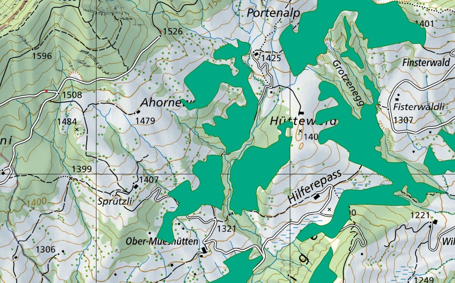Carte nationale swisstopo avec le périmètre protégé de Ahornenweid (Bas-marais)