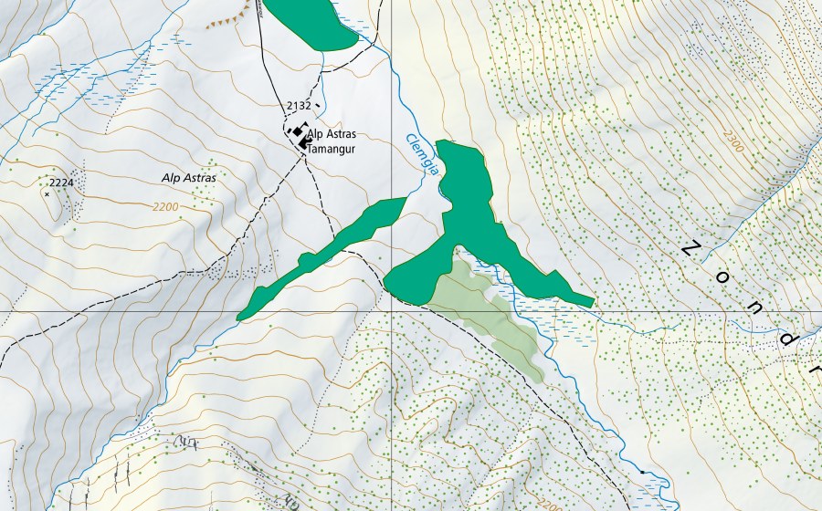 Landeskarte swisstopo mit dem Schutzperimeter von Alp Astras (Flachmoor)