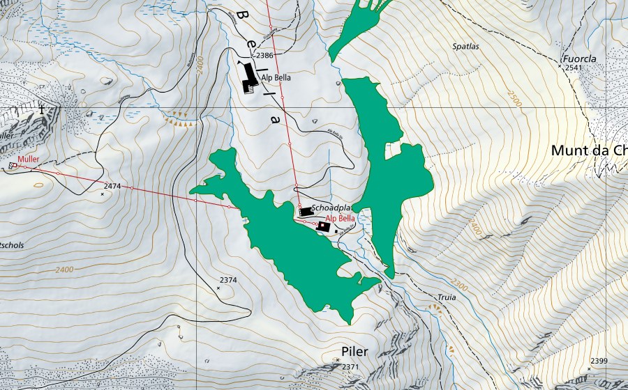 Carte nationale swisstopo avec le périmètre protégé de Alp Bella (Bas-marais)