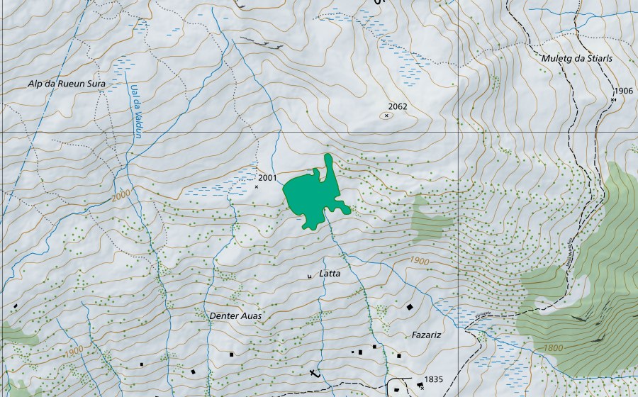 Carte nationale swisstopo avec le périmètre protégé de Alp da Rueun (Bas-marais)