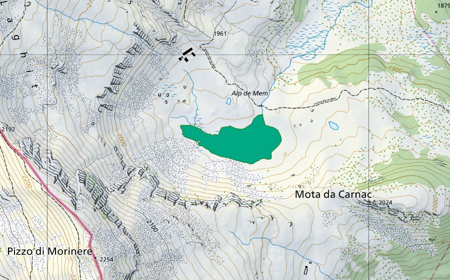swisstopo national map showing the protected perimeter of Alp de Mem (Fen)