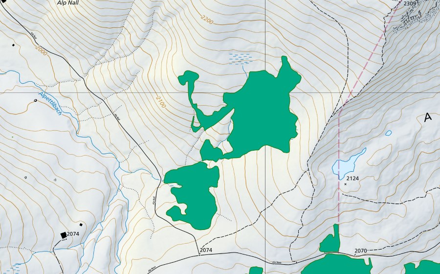 Carte nationale swisstopo avec le périmètre protégé de Alp Nova (Bas-marais)