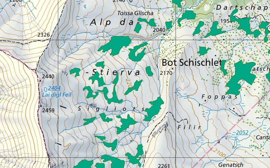 Carta nazionale swisstopo con il perimetro protetto di Alp Stierva, Sigliots (Torbiera bassa)