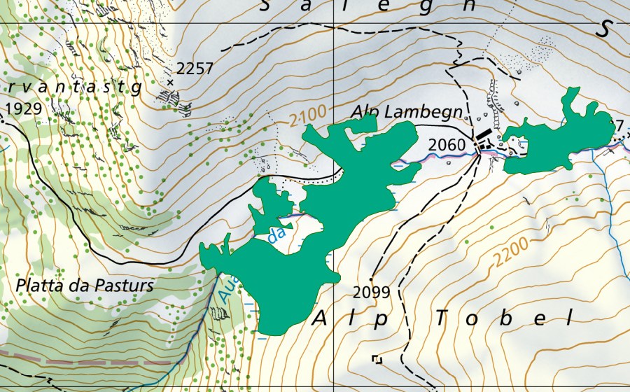 swisstopo national map showing the protected perimeter of Alp Tobel (Fen)