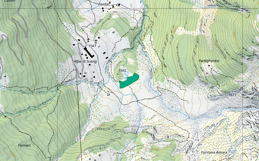 Landeskarte swisstopo mit dem Schutzperimeter von Alpe di Sceng (Flachmoor)