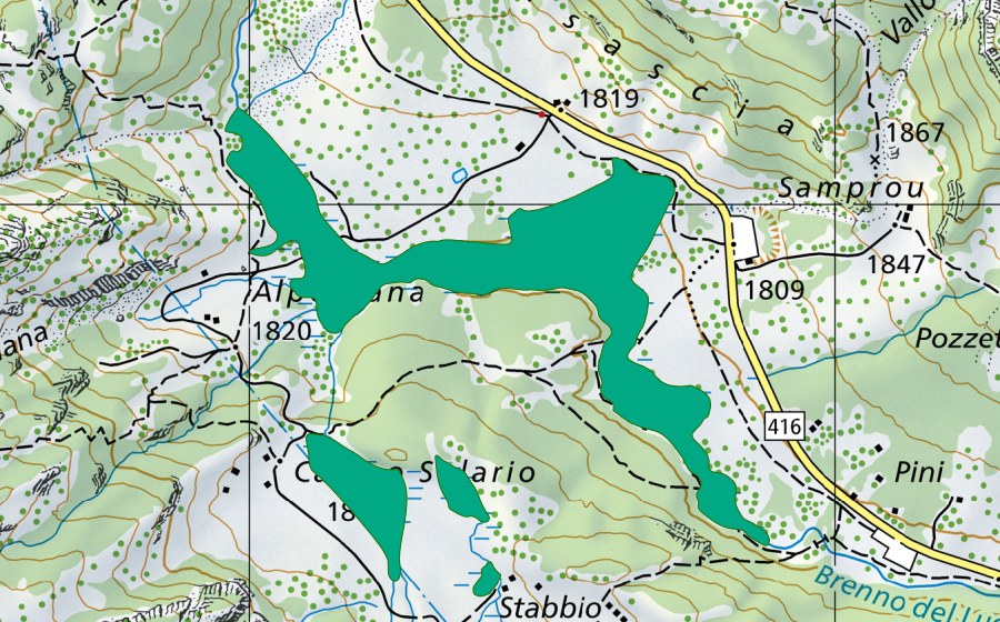 Landeskarte swisstopo mit dem Schutzperimeter von Alpe Gana (Flachmoor)