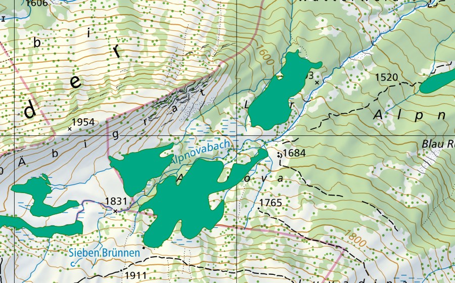 Landeskarte swisstopo mit dem Schutzperimeter von Alpnova (Flachmoor)