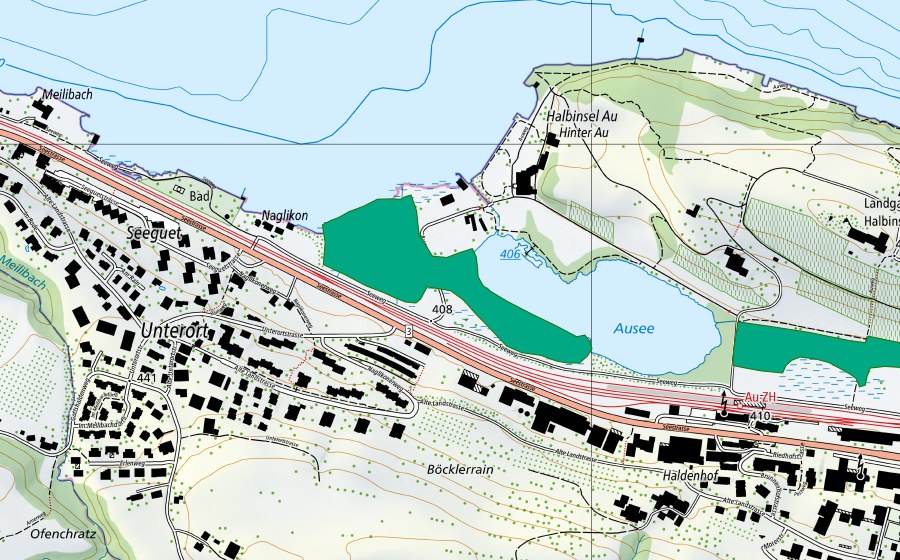 swisstopo national map showing the protected perimeter of Am Ausee (Fen)
