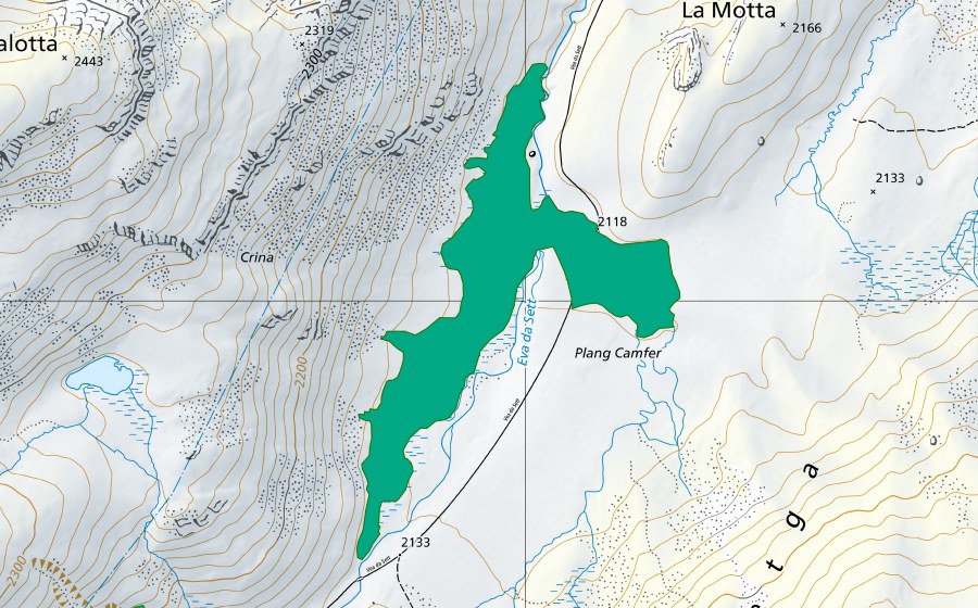 Landeskarte swisstopo mit dem Schutzperimeter von Am Eva dal Sett (Flachmoor)