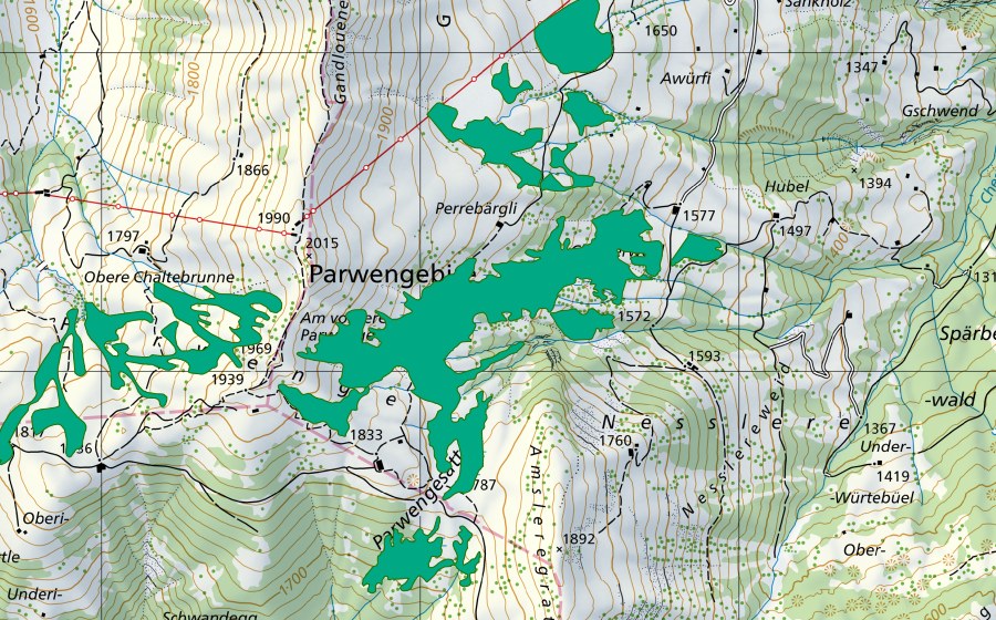 Landeskarte swisstopo mit dem Schutzperimeter von Am vordere Parwenge (Flachmoor)