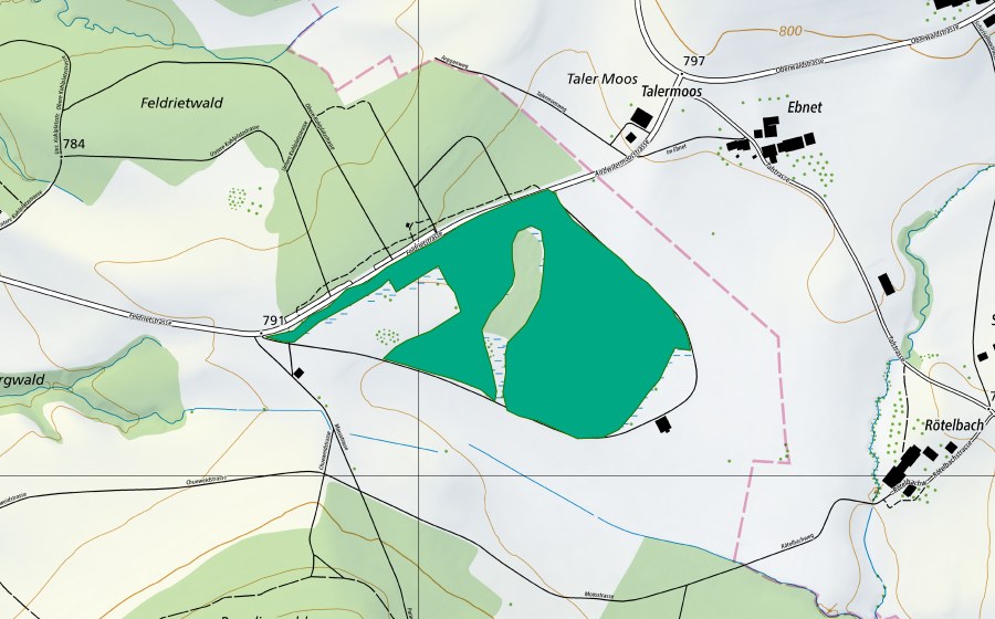 Carte nationale swisstopo avec le périmètre protégé de Andwiler Moos (Bas-marais)