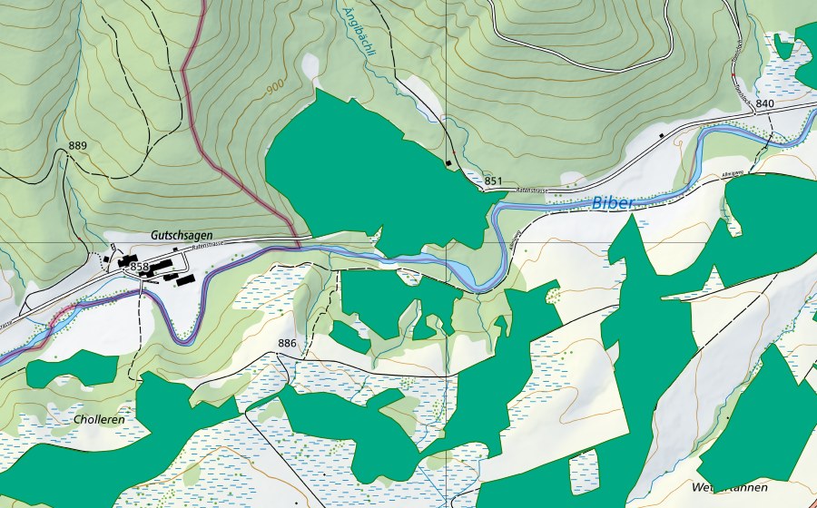 swisstopo national map showing the protected perimeter of Ängiried (Fen)