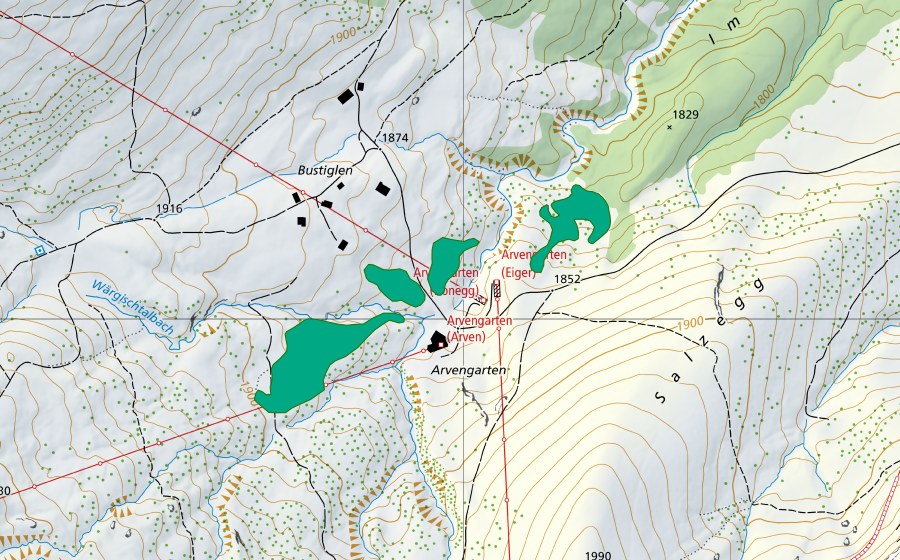 Carte nationale swisstopo avec le périmètre protégé de Arvengarten (Bas-marais)