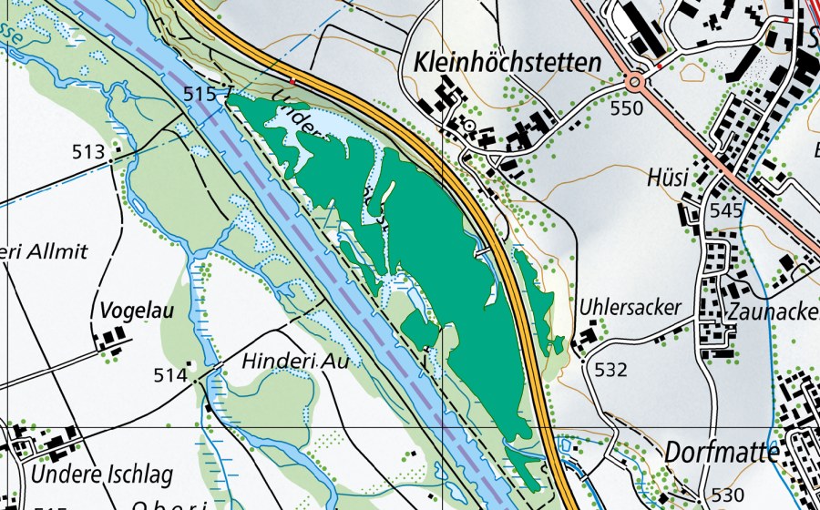 Carte nationale swisstopo avec le périmètre protégé de Au bei Kleinhöchstetten (Bas-marais)