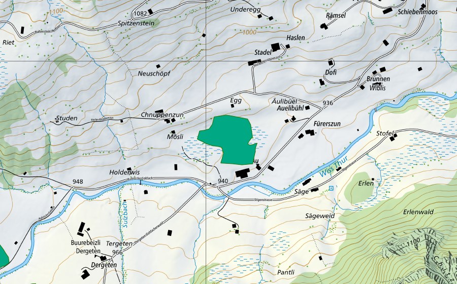 Carte nationale swisstopo avec le périmètre protégé de Au/Hinterlaad (Bas-marais)