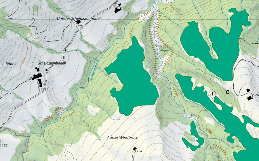 Carte nationale swisstopo avec le périmètre protégé de Ausser Windbruch (Bas-marais)