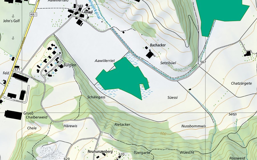 Carte nationale swisstopo avec le périmètre protégé de Awiler Riet (Bas-marais)