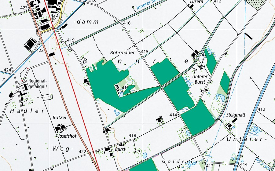 swisstopo national map showing the protected perimeter of Bannriet (Fen)