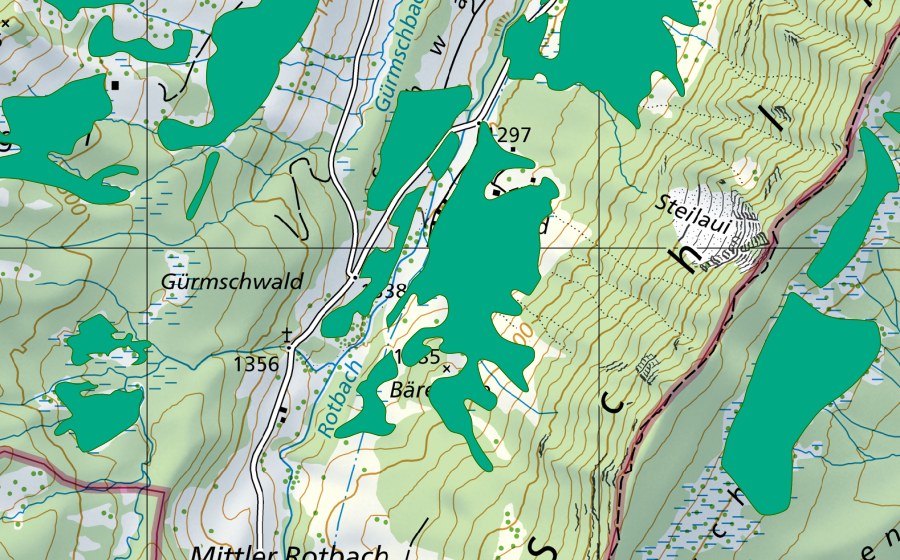 Carte nationale swisstopo avec le périmètre protégé de Bärenboden (Bas-marais)