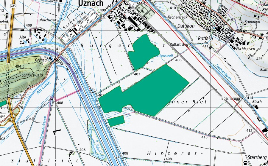 Landeskarte swisstopo mit dem Schutzperimeter von Benkner-, Burger- und Kaltbrunner Riet (Flachmoor)