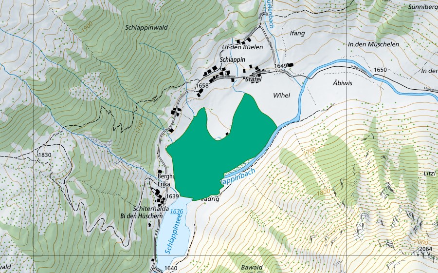Landeskarte swisstopo mit dem Schutzperimeter von Bi den Hüscheren (Flachmoor)