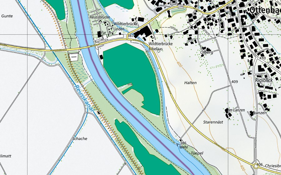 Landeskarte swisstopo mit dem Schutzperimeter von Bibelaas (Flachmoor)
