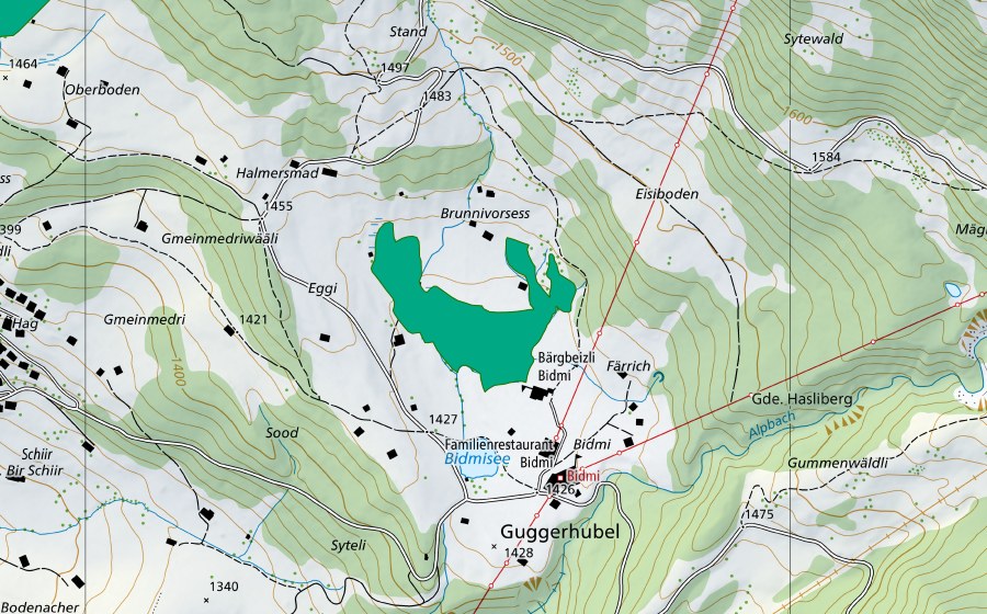 Carte nationale swisstopo avec le périmètre protégé de Bidmi (Bas-marais)
