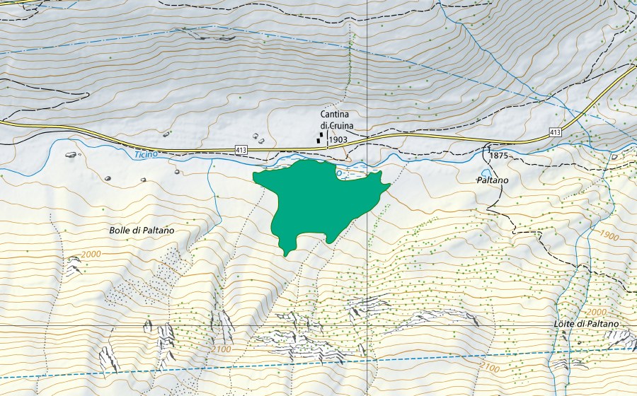 Carte nationale swisstopo avec le périmètre protégé de Bolle di Paltano (Bas-marais)