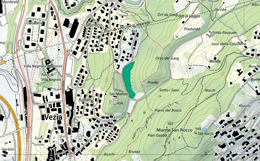 Carte nationale swisstopo avec le périmètre protégé de Bolle di S. Martino (Bas-marais)