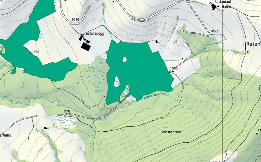 Carte nationale swisstopo avec le périmètre protégé de Brämenegg (Bas-marais)