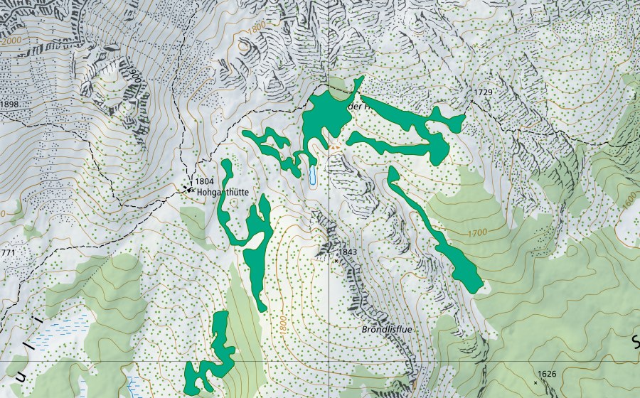 Landeskarte swisstopo mit dem Schutzperimeter von Bröndlisflue (Flachmoor)