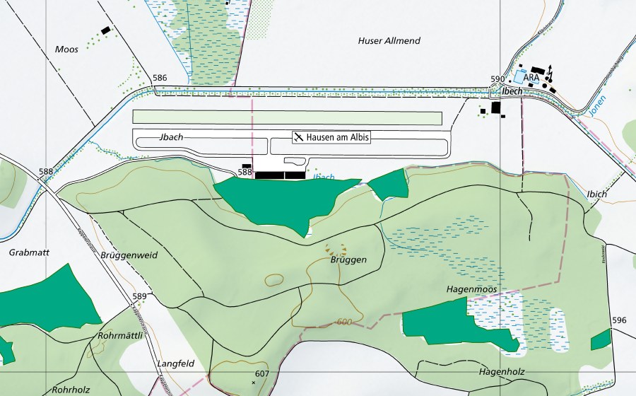 swisstopo national map showing the protected perimeter of Brüggen (Fen)