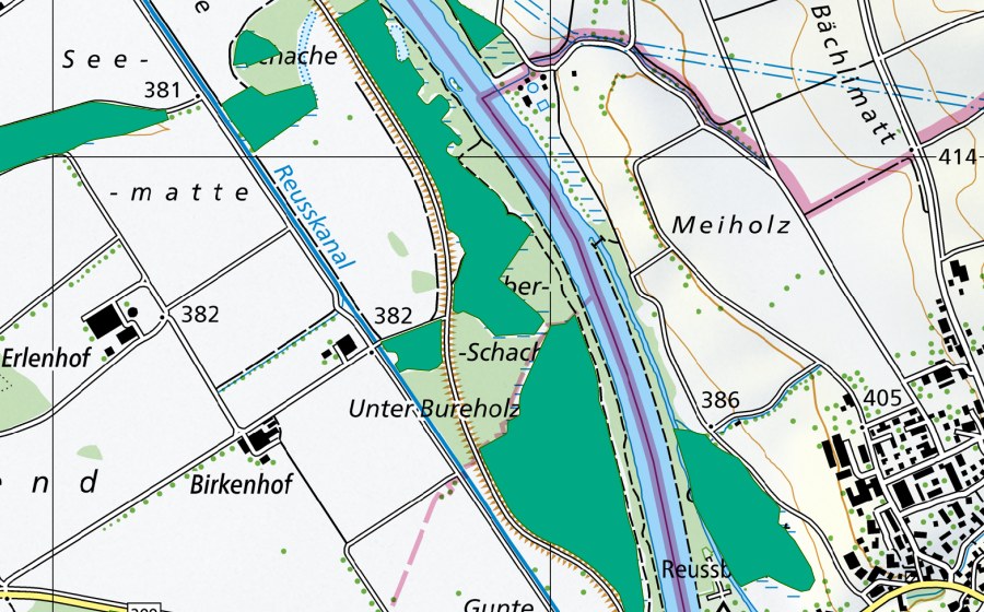 Landeskarte swisstopo mit dem Schutzperimeter von Burenholz (Flachmoor)