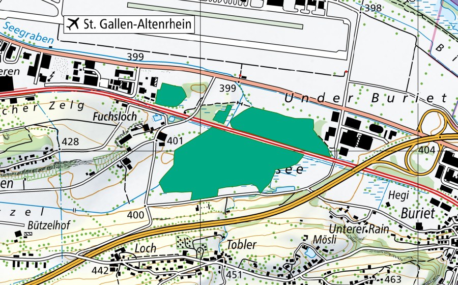 Landeskarte swisstopo mit dem Schutzperimeter von Buriet/Buechsee (Flachmoor)