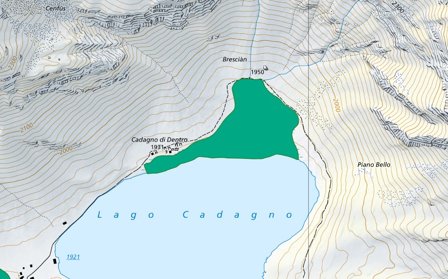 Carte nationale swisstopo avec le périmètre protégé de Cadagno di dentro (Bas-marais)