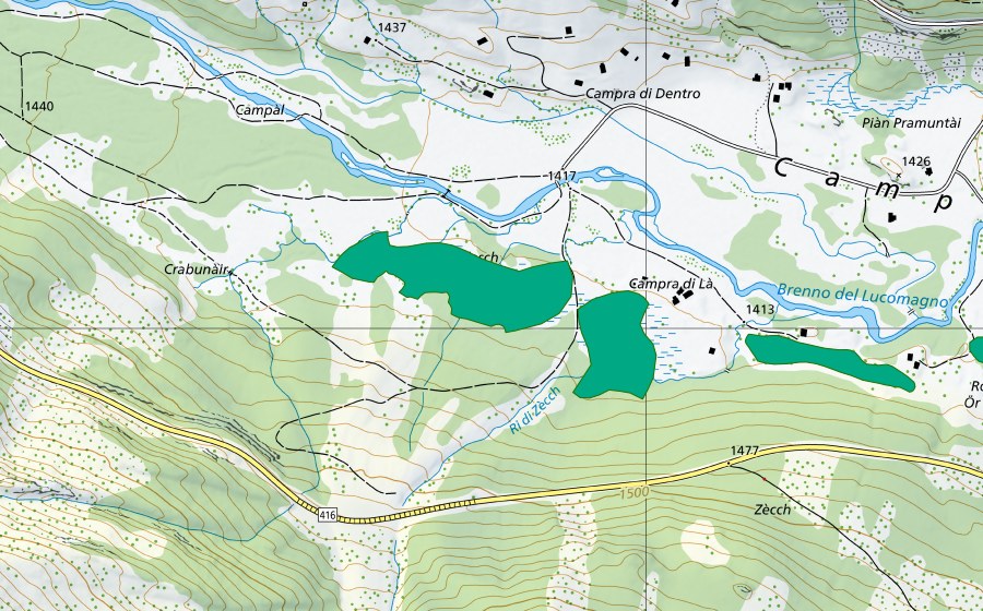Landeskarte swisstopo mit dem Schutzperimeter von Campra di là (Flachmoor)