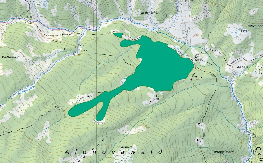 swisstopo national map showing the protected perimeter of Cani (Fen)