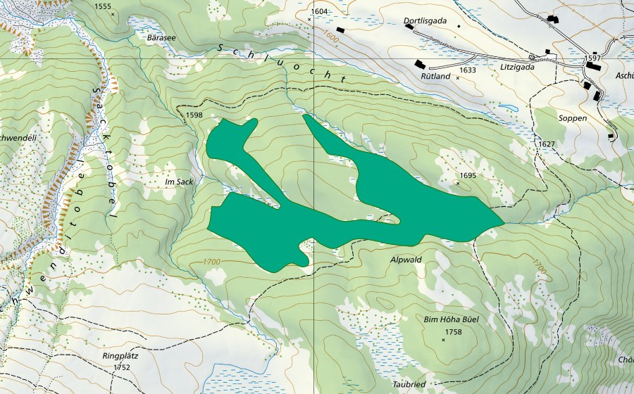 swisstopo national map showing the protected perimeter of Capelgin/Leng Ried (Fen)