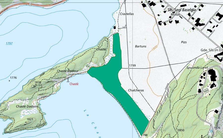 swisstopo national map showing the protected perimeter of Chalcheras (Fen)