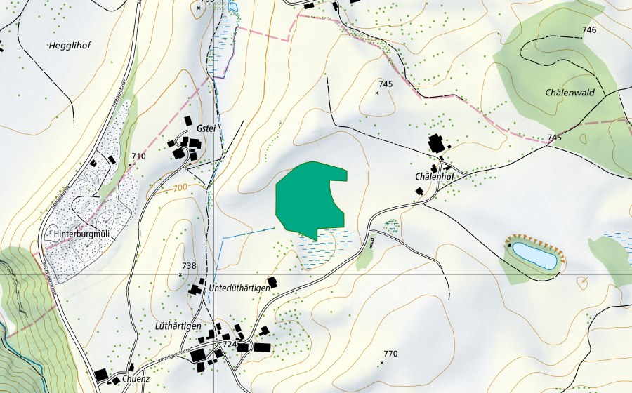 swisstopo national map showing the protected perimeter of Chälenhof (Fen)