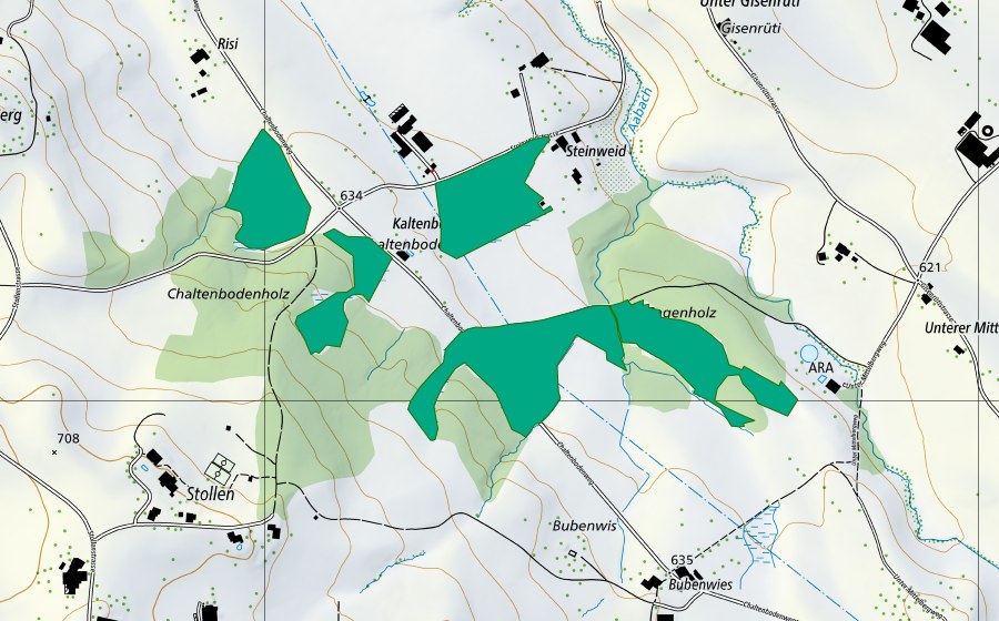 Landeskarte swisstopo mit dem Schutzperimeter von Chaltenboden (Flachmoor)