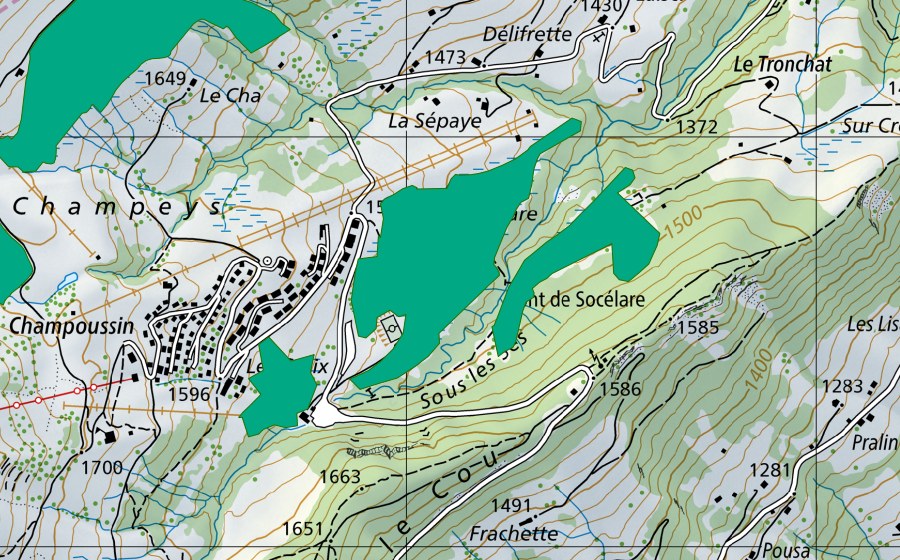 Landeskarte swisstopo mit dem Schutzperimeter von Champoussin (Flachmoor)