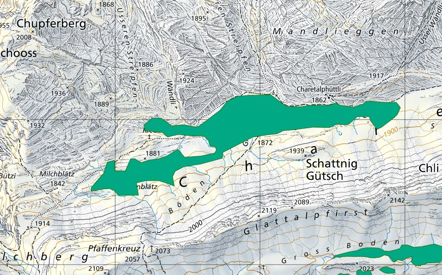 swisstopo national map showing the protected perimeter of Charetalp (Fen)