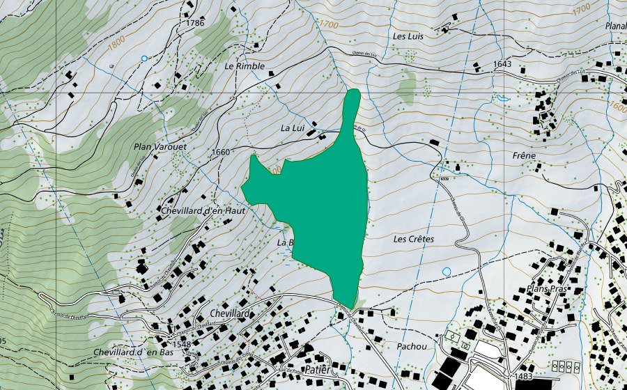 Carte nationale swisstopo avec le périmètre protégé de Chevillard (Bas-marais)
