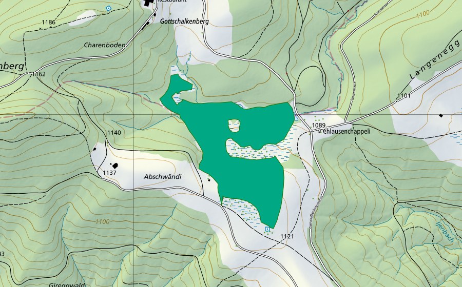 swisstopo national map showing the protected perimeter of Chlausenchappeli (Fen)