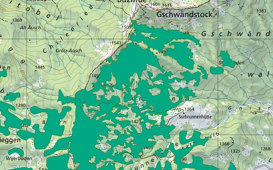 swisstopo national map showing the protected perimeter of Chli Seebli (Fen)