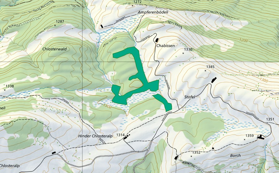 Carte nationale swisstopo avec le périmètre protégé de Chlosterwald-Moore/Ampferenbödeli (Bas-marais)