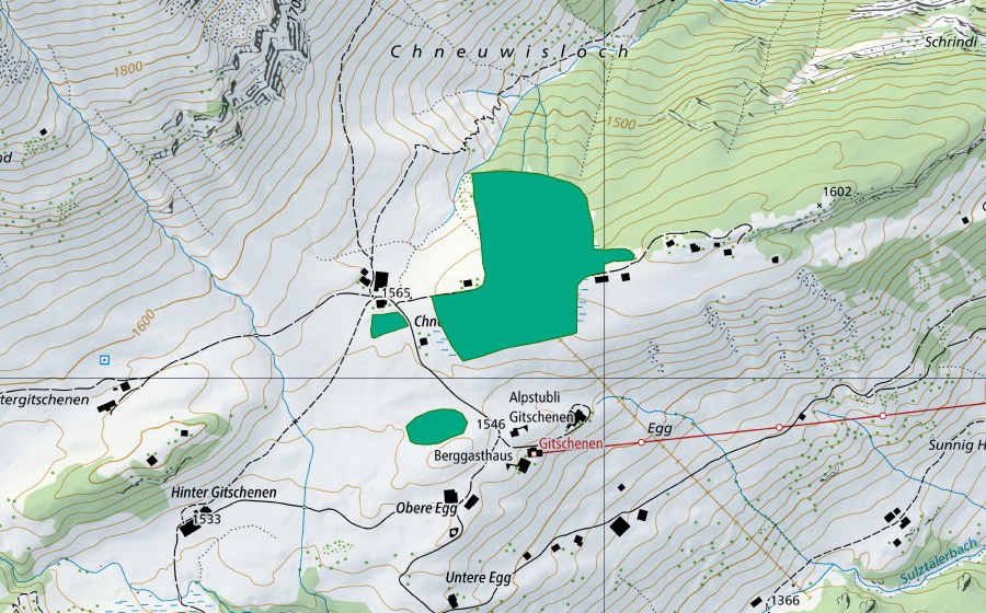 swisstopo national map showing the protected perimeter of Chneuwis/Gitschenen (Fen)