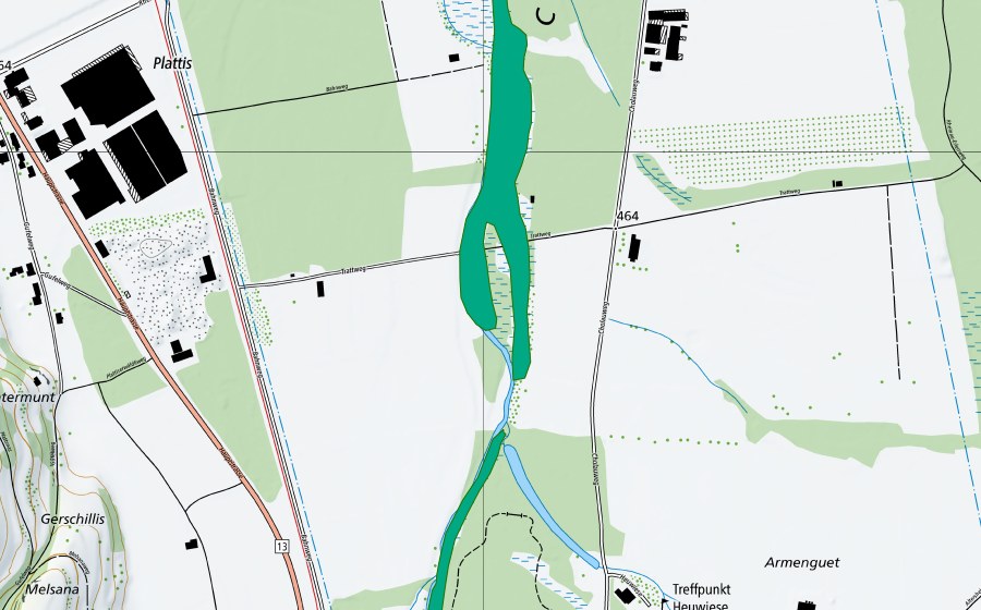 Carte nationale swisstopo avec le périmètre protégé de Cholau (Bas-marais)